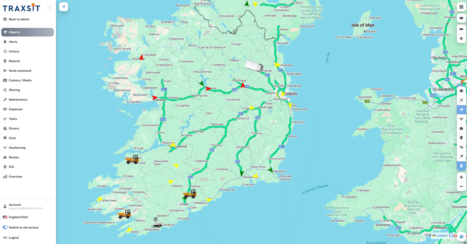 Traxsit live fleet-tracking map of Ireland with vehicle routes and geofenced depots